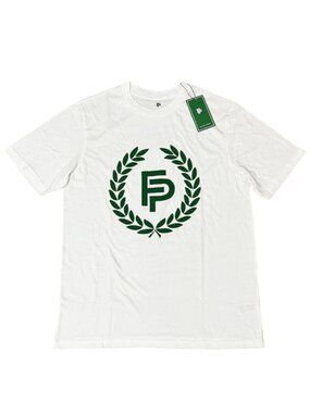 Flint Park Organic Cotton White T-Shirt With Green Laurel Logo Design Medium